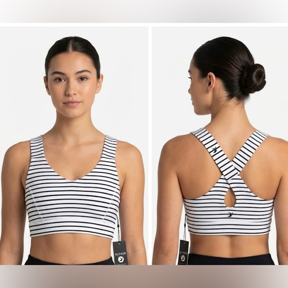 NEW Glyder Full Force Sports Bra Workout Top Black/White Stripes S MSRP: $54 NWT